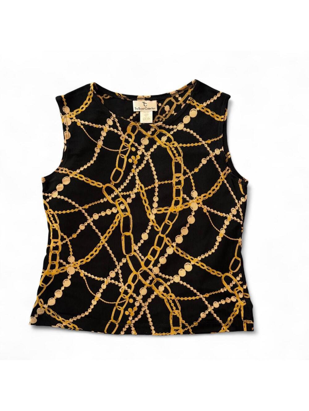 The Travel Collection Vintage Chain Print Tank Top Small Black Gold Made in USA
